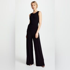 Norma Kamali Black Shirred Waist Wide-Leg Jumpsuit Pant